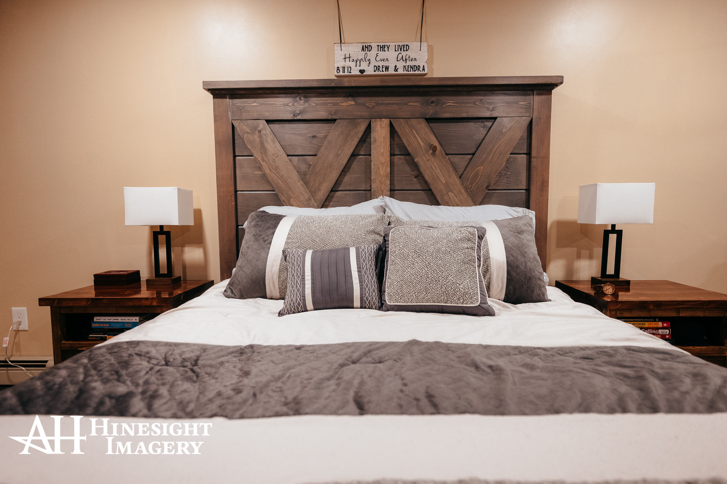 Farmhouse bed  frame with cozy bed and throw pillows