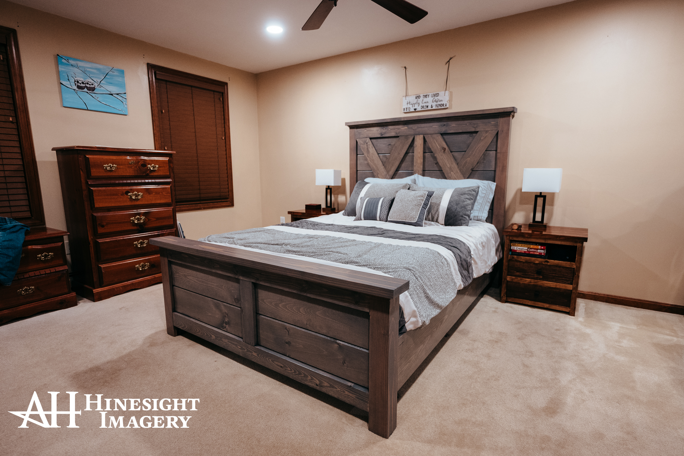 Complete Farmhouse Queen Bed.  Pine, stained  Minwax Classic Grey and Satin Polyurethane.  