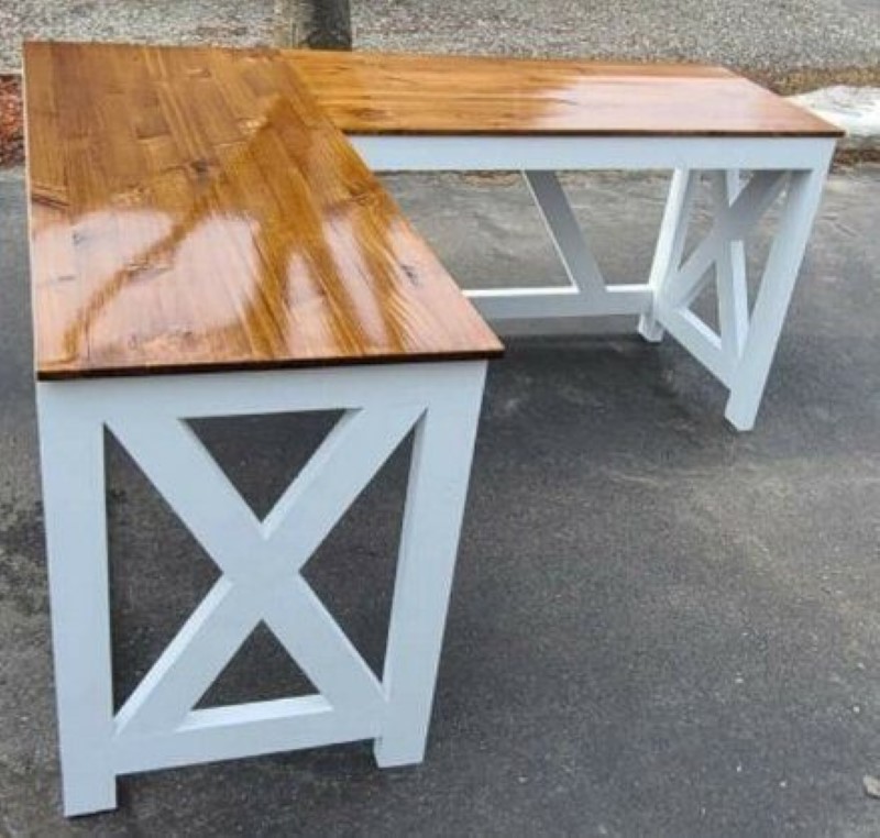 L Shaped Desk With Stained Top and White Painted Legs