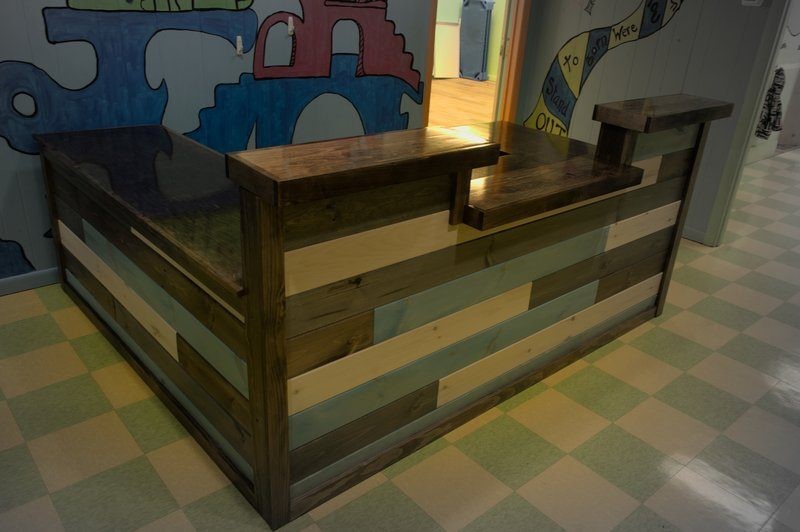 Custom Made Lobby Desk and Reception view from front  left