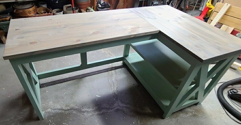 L shaped desk With Aqua Paint and White Washed Stain Top