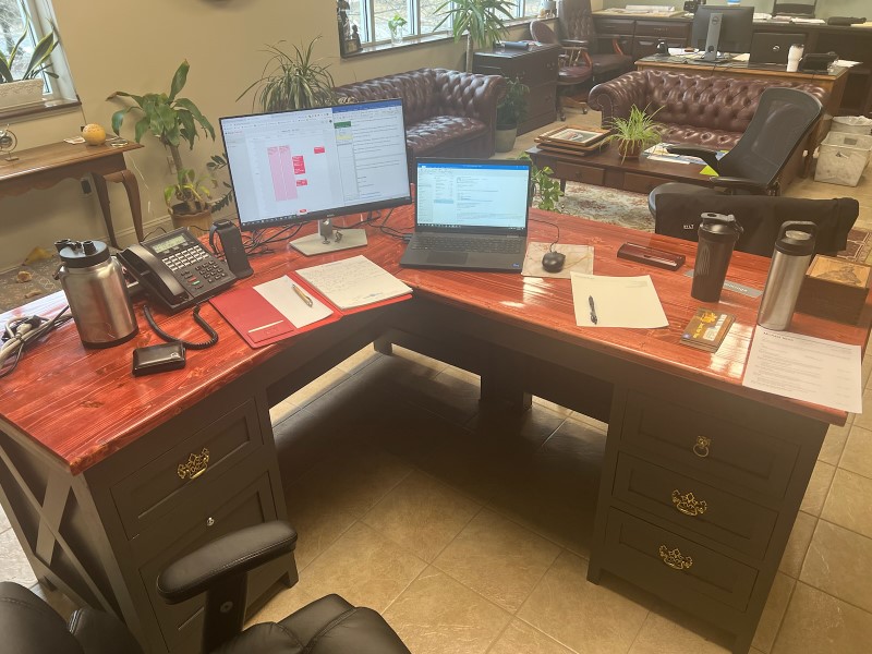 Waukewan desk | Caviar in a Satin Finish | 72×68" | 28" deep tops. Half bullnose round-over edge profile Locking drawer Built in file hanger